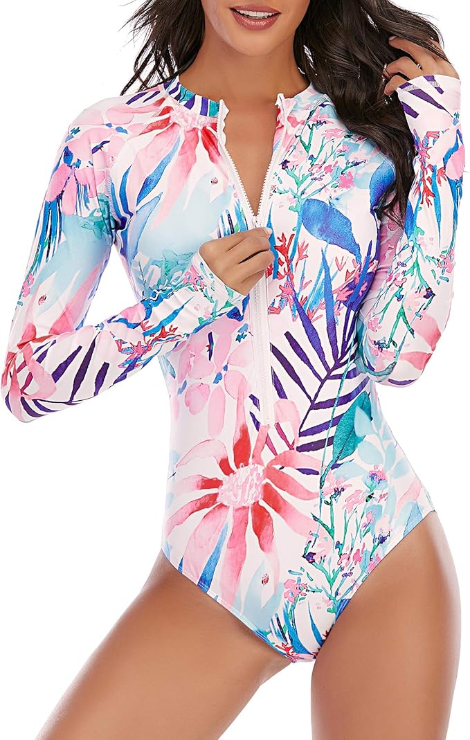 Zando Long Sleeve Swimsuit Women UPF 50+ One Piece Floral Design