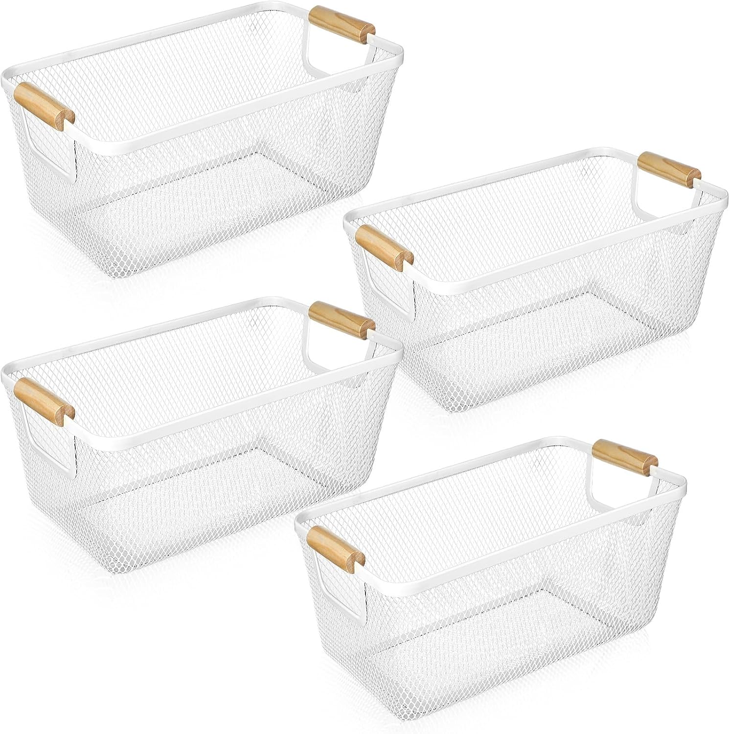 4 Pcs Metal Wire Basket with Wooden Handles for Home Organizing