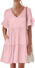 Dresses for Women Summer 2025 V Neck Ruffle Sleeve Tiered Mini - Flowy