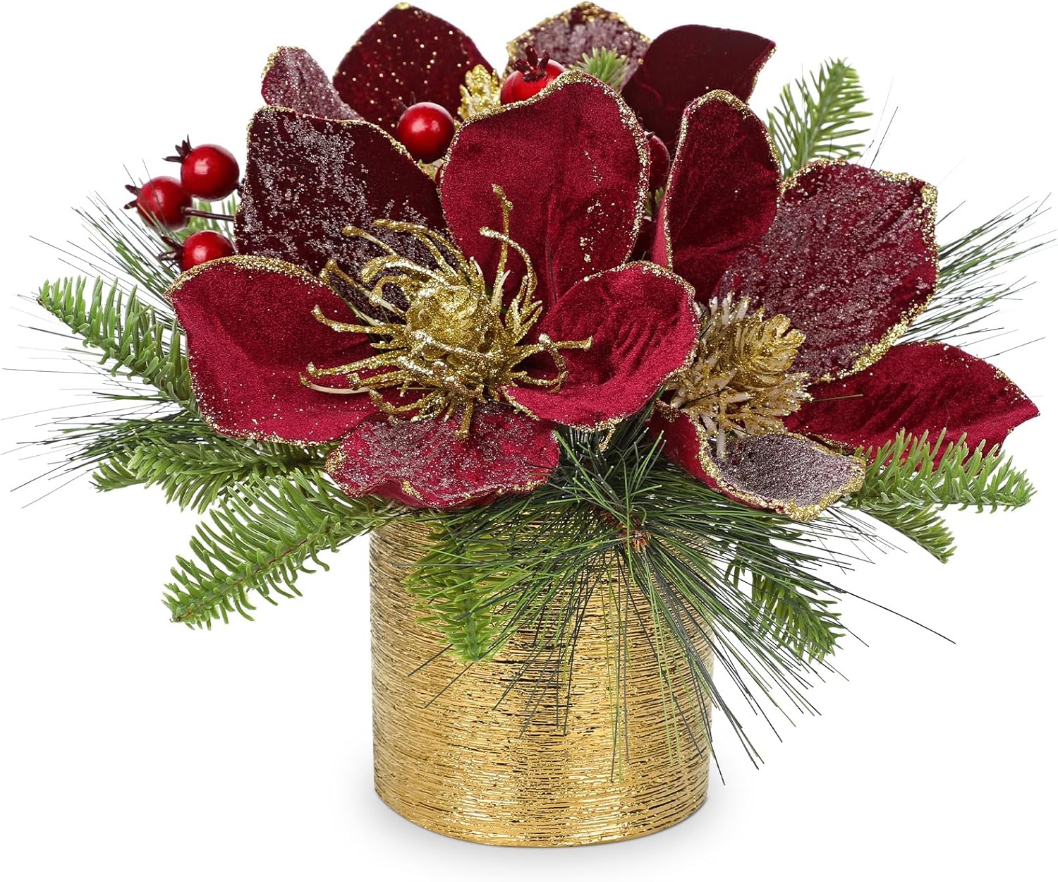 13 Inch Christmas Table Centerpiece with Glitter Magnolia Flower