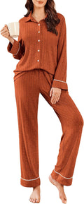 Ekouaer Womens Ribbed Knit Long Sleeve Pajama Set - Soft 2-Piece