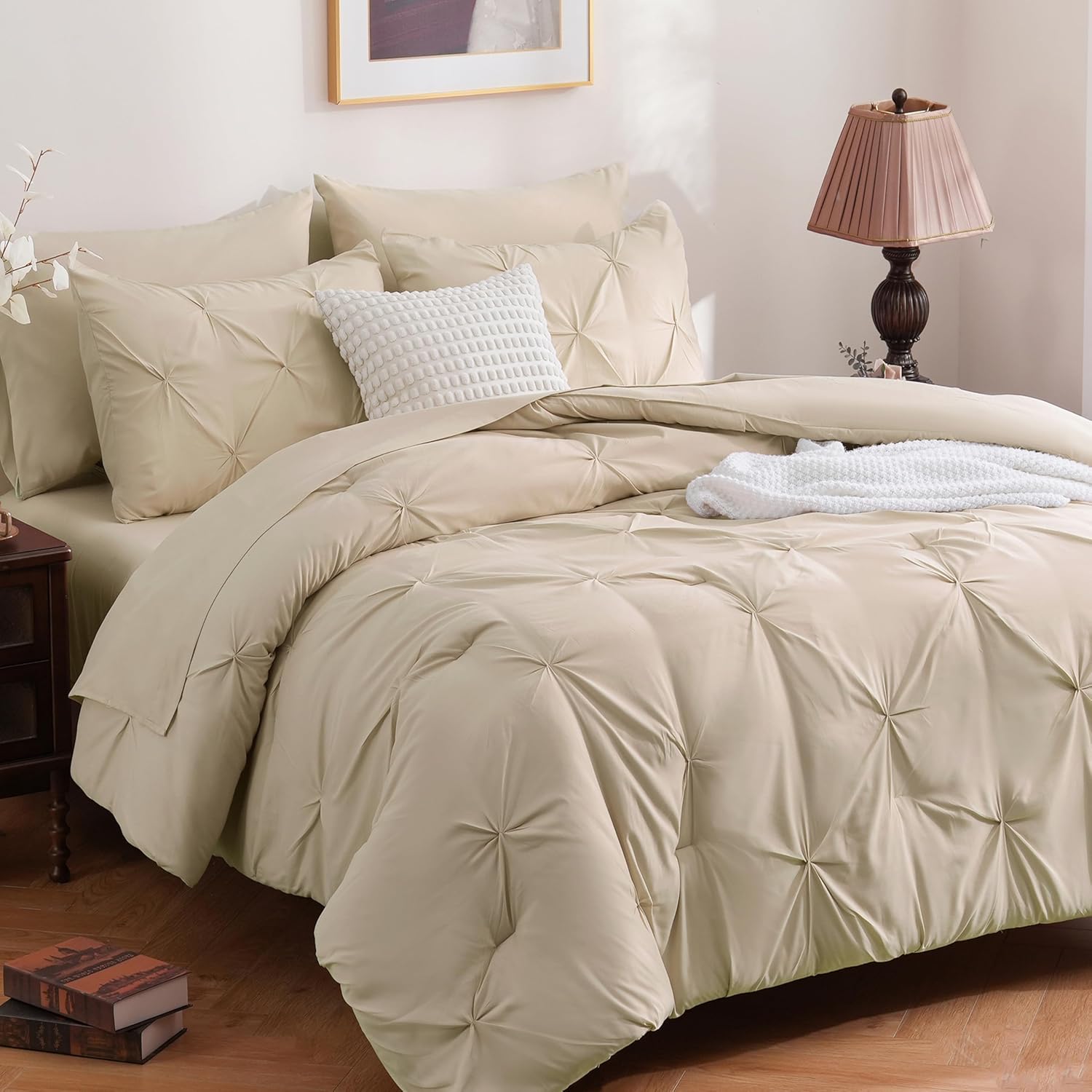 DOWNCOOL 7 Pieces Beige Queen Comforter Set for Elegant Bedrooms