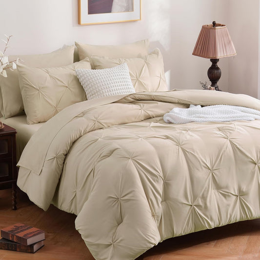 DOWNCOOL 7 Pieces Beige Queen Comforter Set for Elegant Bedrooms
