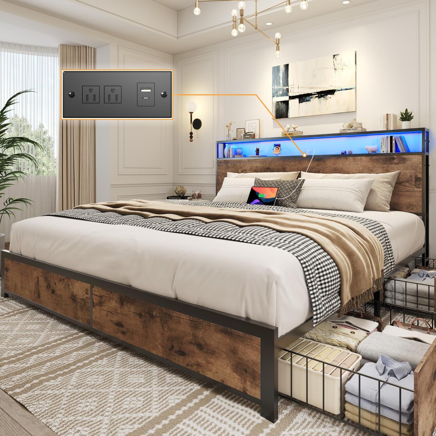 Lifezone Queen Bed Frame with Storage Headboard and LED Lights