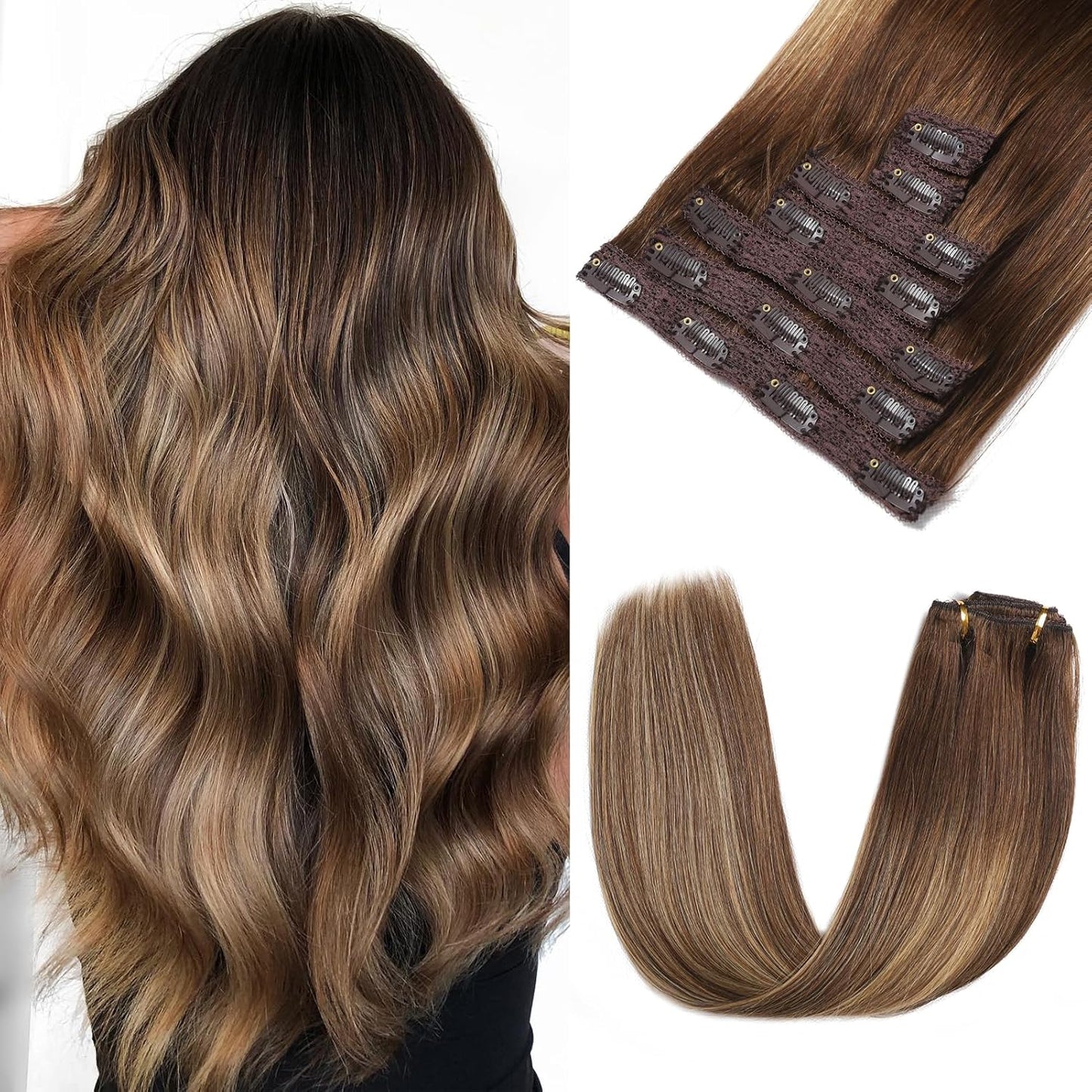Clip in Hair Extensions Real Human Hair - 22 Inch Ombre Style