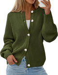 Womens Oversized Crewneck Cardigan Sweater - Ribbed Lantern Sleeve