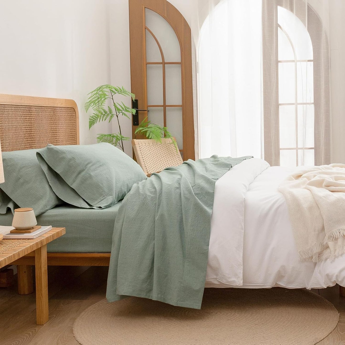BESTOUCH Sheet Set 100% Washed Cotton Chic Lightweight Bedding