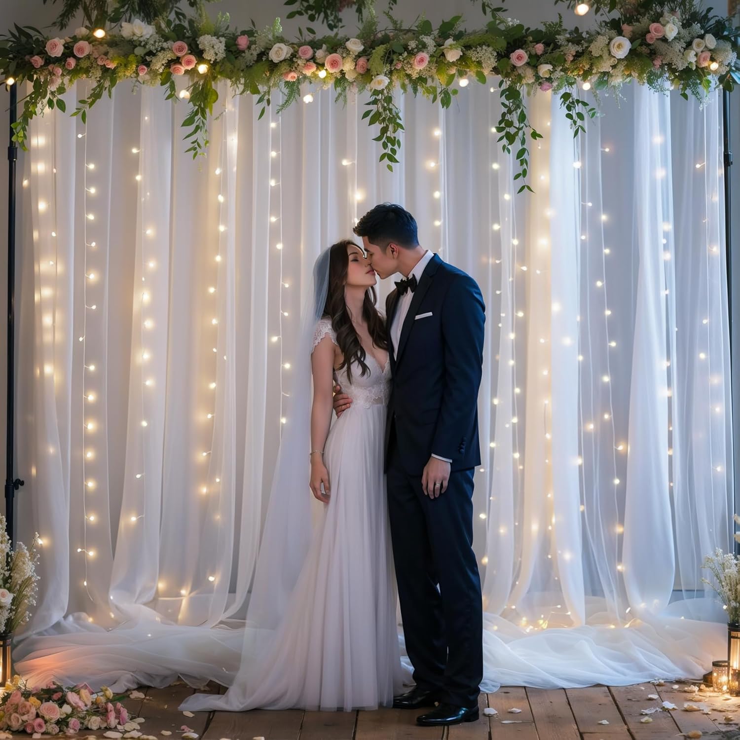 20x8ft White Tulle Backdrop Curtains with Lights for Events