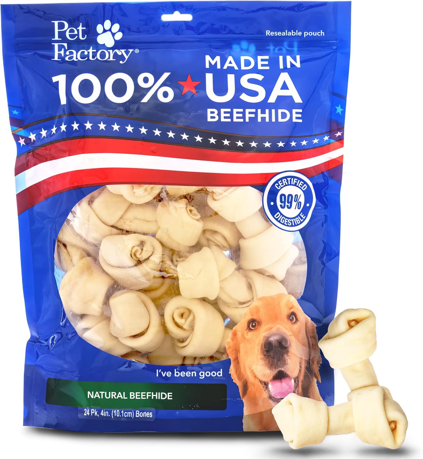 Pet Factory 100% Made in USA Beefhide 4in Knotted Bones Chews