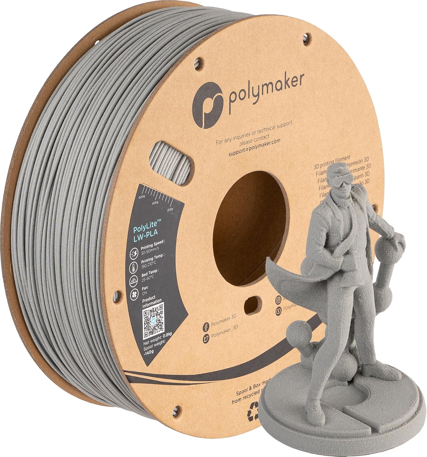 Polymaker Lightweight PLA Filament 1.75mm Grey for 3D Printing