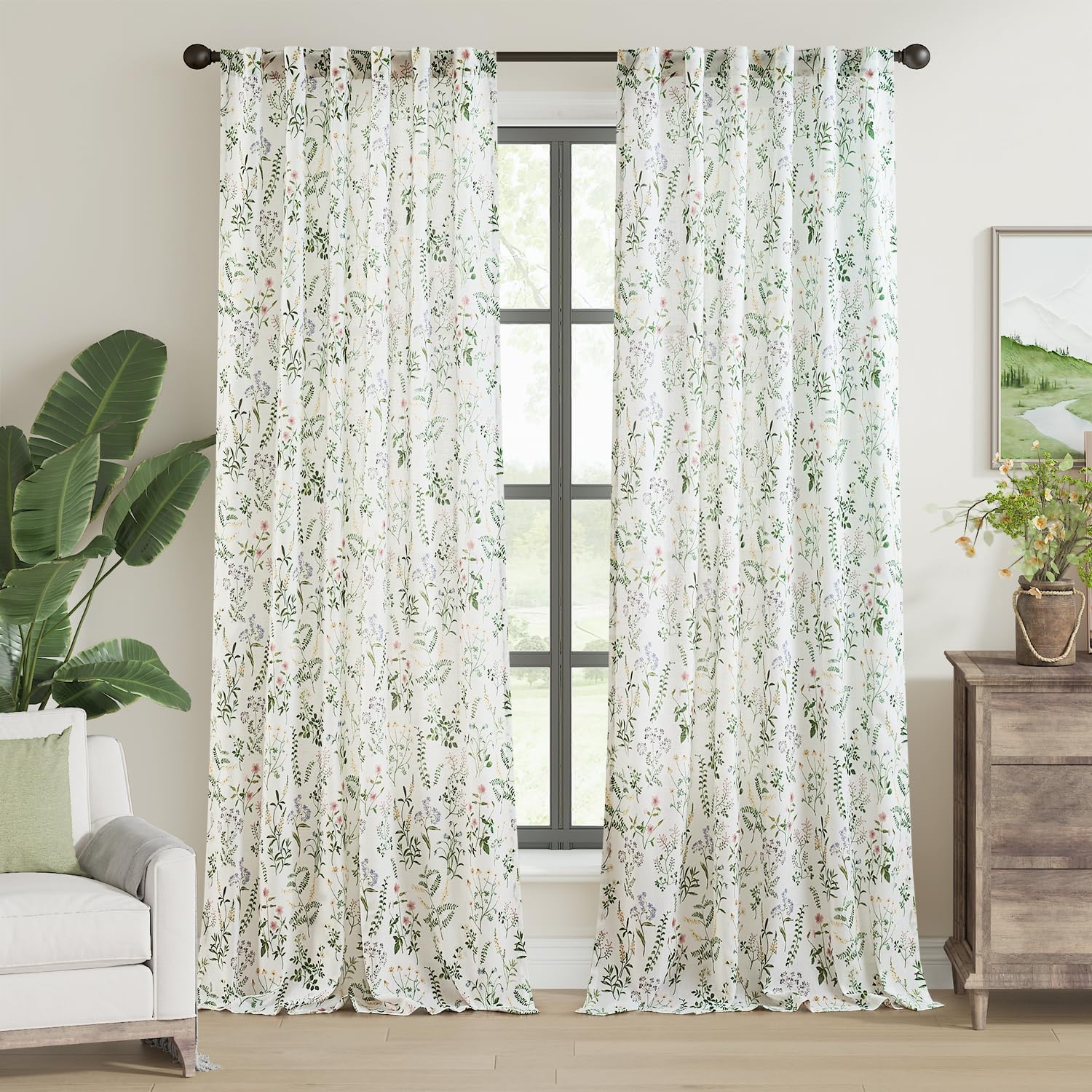 Floral Linen Blend Curtains for Living Room 96 Inch Length