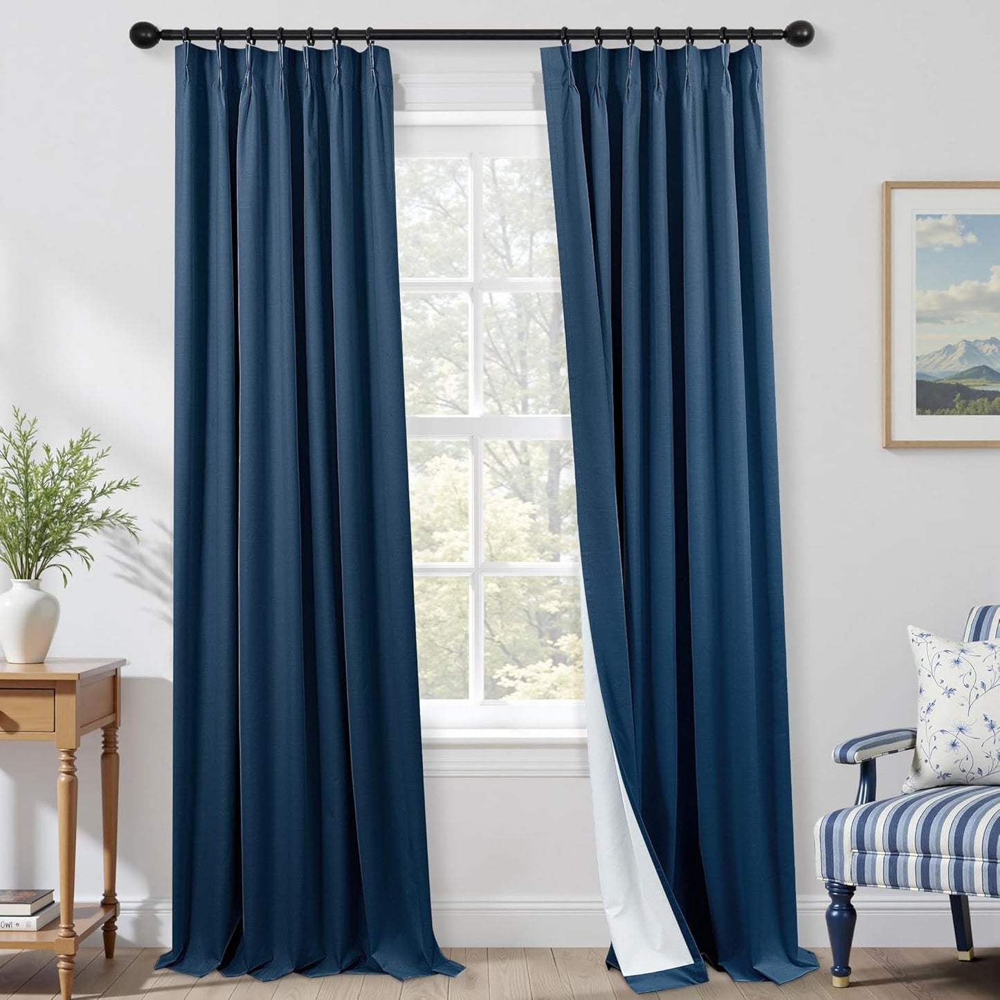 Mrs.Naturall Navy Blue Linen Pinch Pleated Blackout Curtains