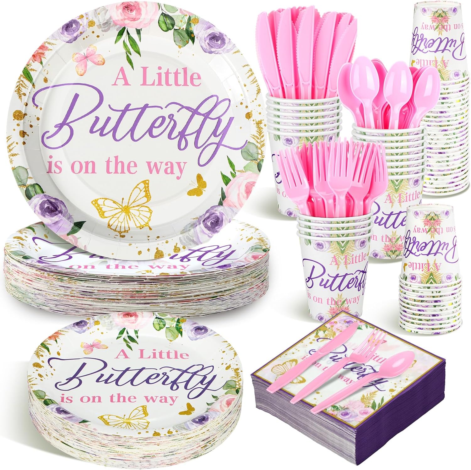 350 Pcs Baby Shower Plates Set for 50 Guests with Butterfly Theme