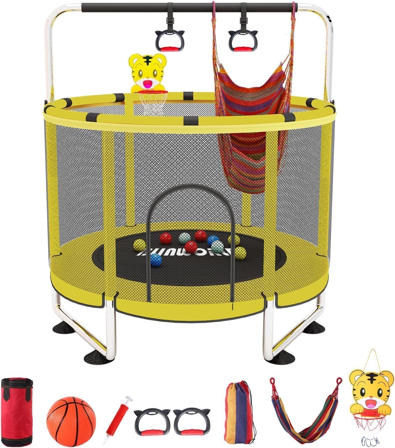 Trampoline for Kids with Adjustable Height and Basketball Hoop