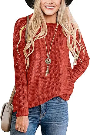 Waffle Knit Sweater for Women - Cozy Crew Neck Pullover Top