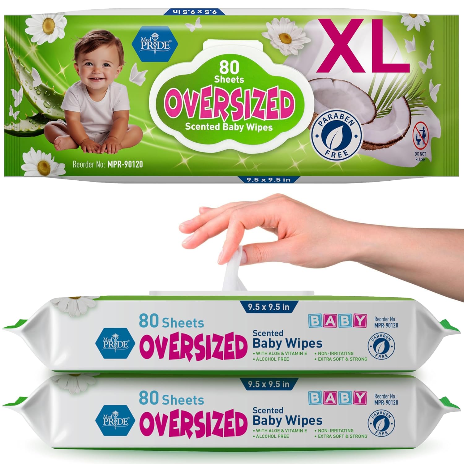 Med Pride XL Baby Wipes - Gentle, Scented, XL Size!