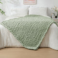 Sage Green Chunky Knit Throw Blanket 40x60 in - Hand Knitted Chenille