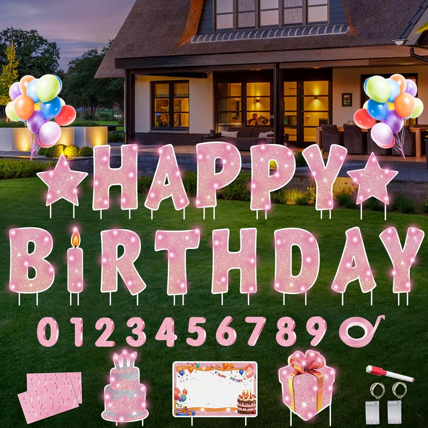 18 Pcs Happy Birthday Yard Sign Set with LED Lights for Parties