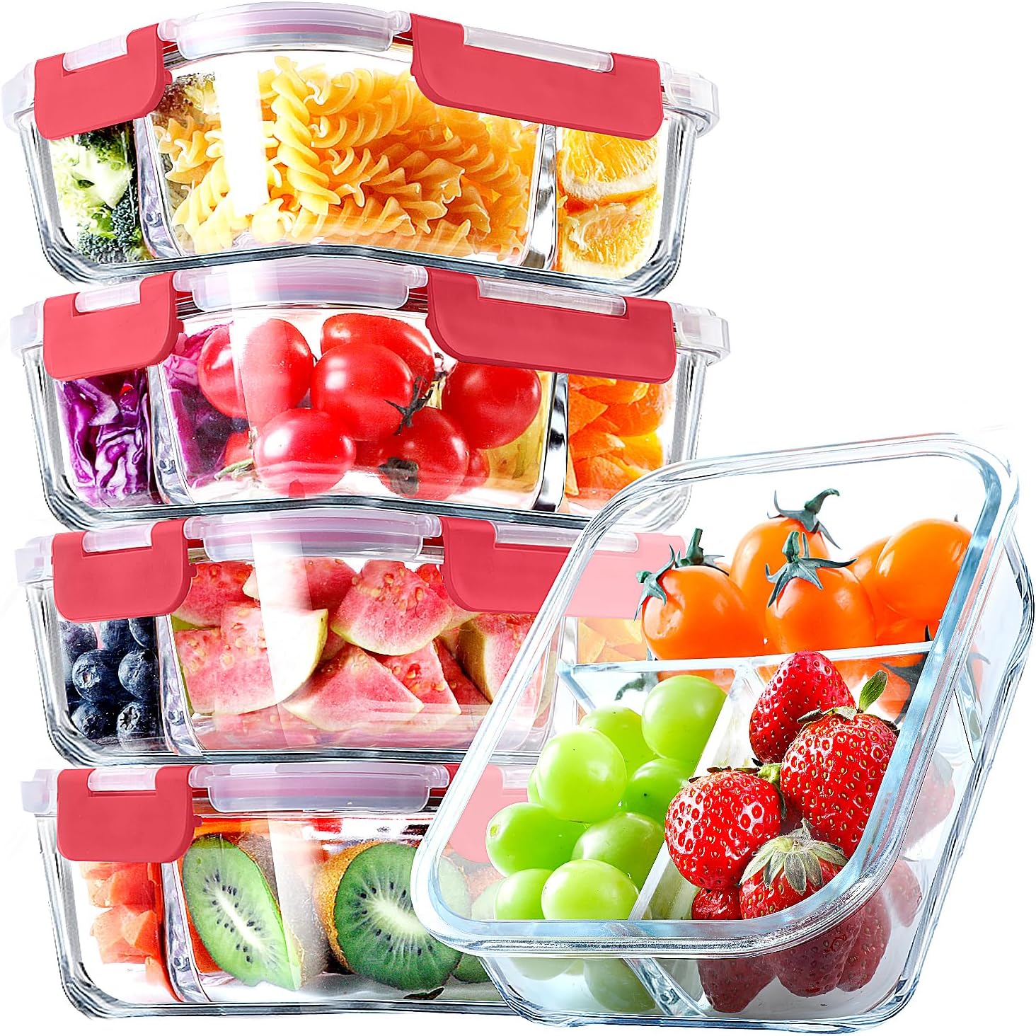 VERONES Glass Meal Prep Containers - Airtight 3 Compartment Set