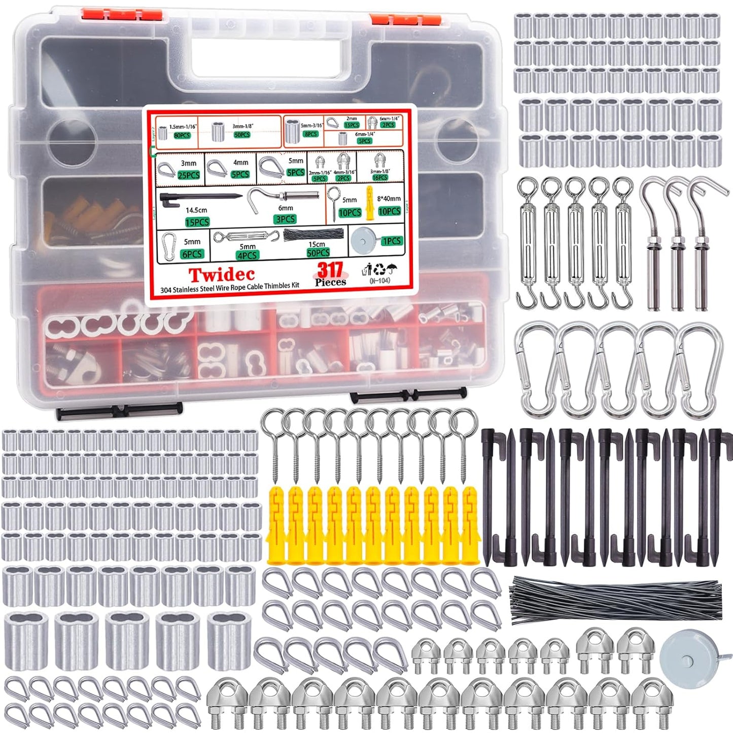 Twidec 317PCS Stainless Steel Wire Rope Cable Thimbles Kit