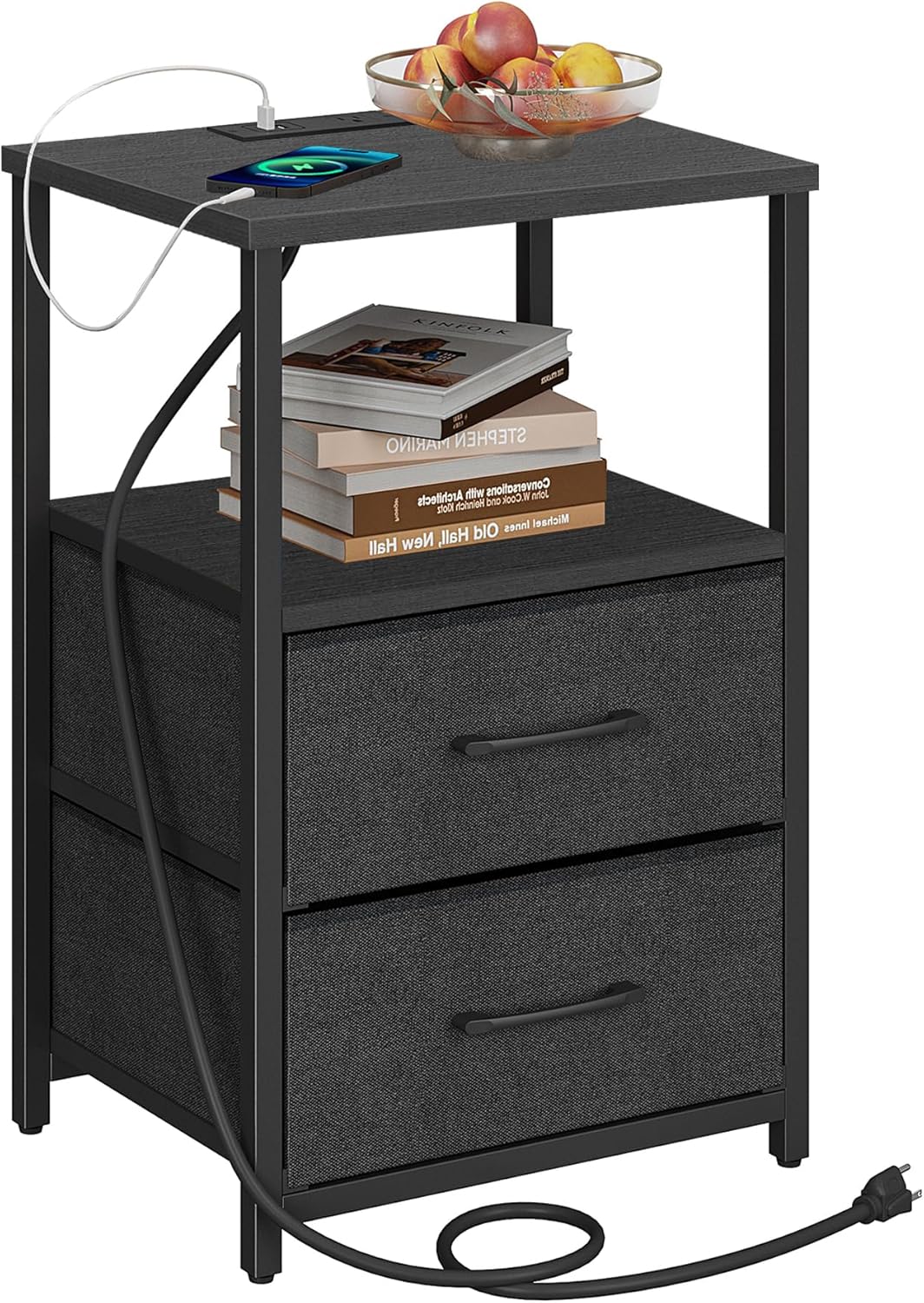 TUTOTAK End Table with Charging Station and Fabric Drawers