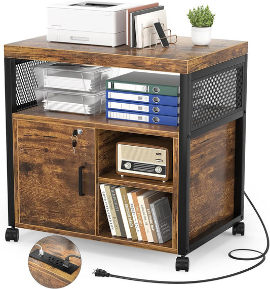 Modern File Cabinet with USB Charging - Rustic Brown