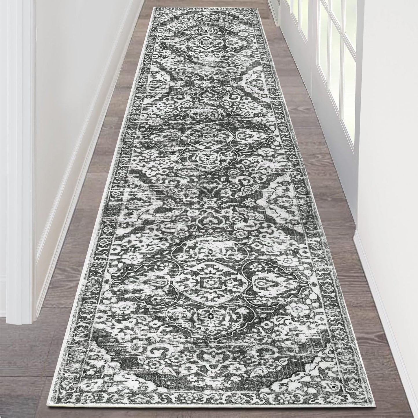 HEBE Hallway Runner Rug 2ftx8ft Vintage Distressed Non Slip