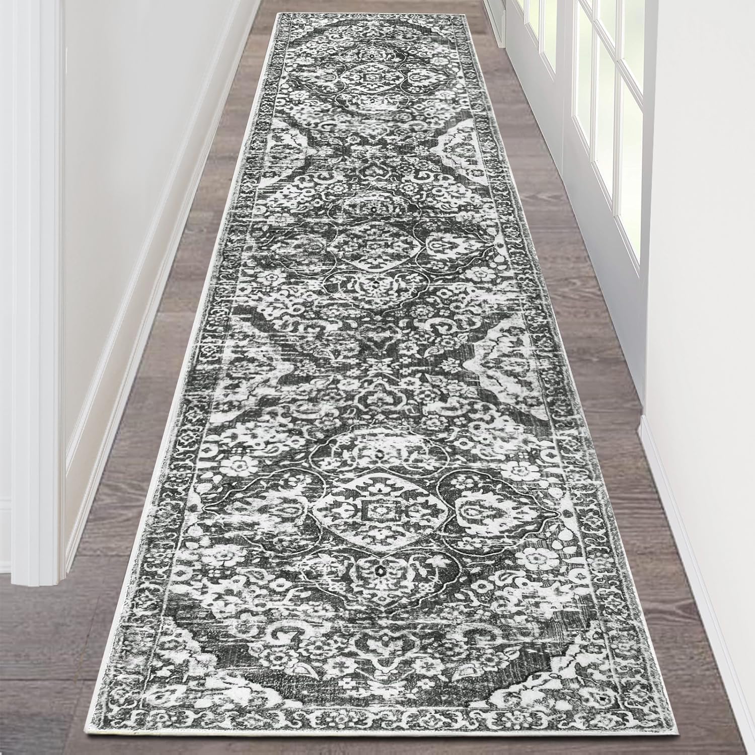 HEBE Hallway Runner Rug 2ftx8ft Vintage Distressed Non Slip