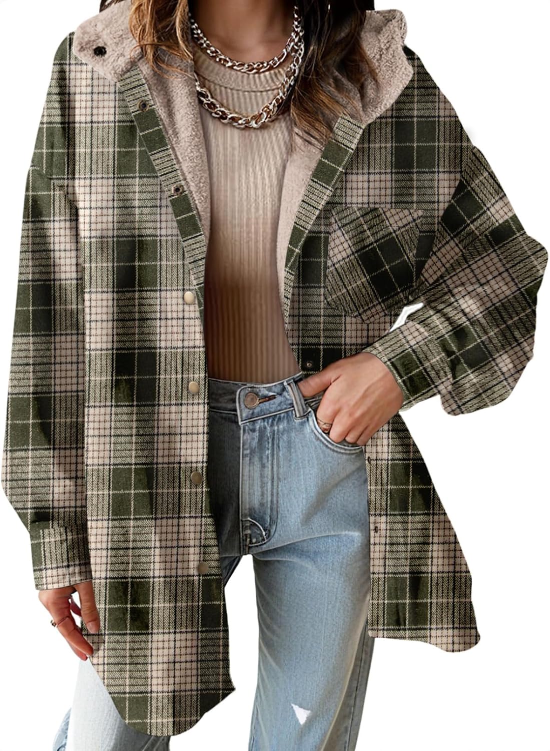 Dokotoo Women's Flannel Hooded Plaid Shacket for Winter Warmth