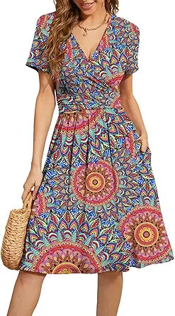 WEACZZY Women's Summer Short Sleeve Casual Floral Dress with Pockets