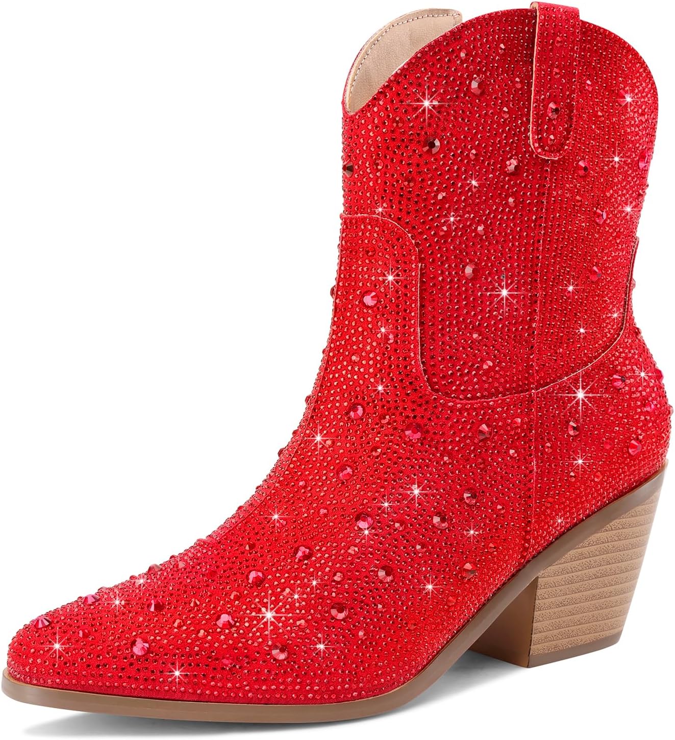 Cowgirl Ankle Boots for Women with Rhinestones and Chunky Heel