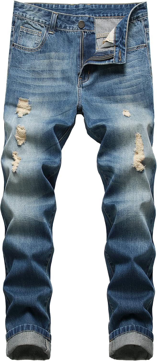 Men's Ripped Jeans Slim Fit Distressed Straight Leg Denim Pants