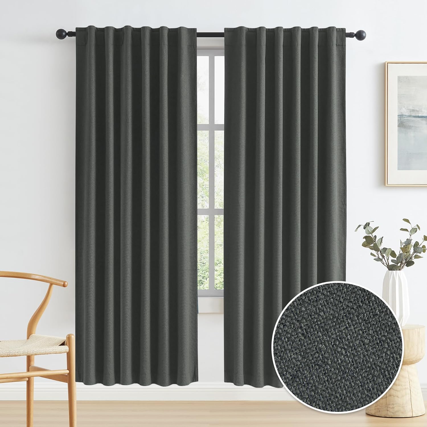 Blackout Linen Curtains for Bedroom - 80 Inch Dark Grey Drapes