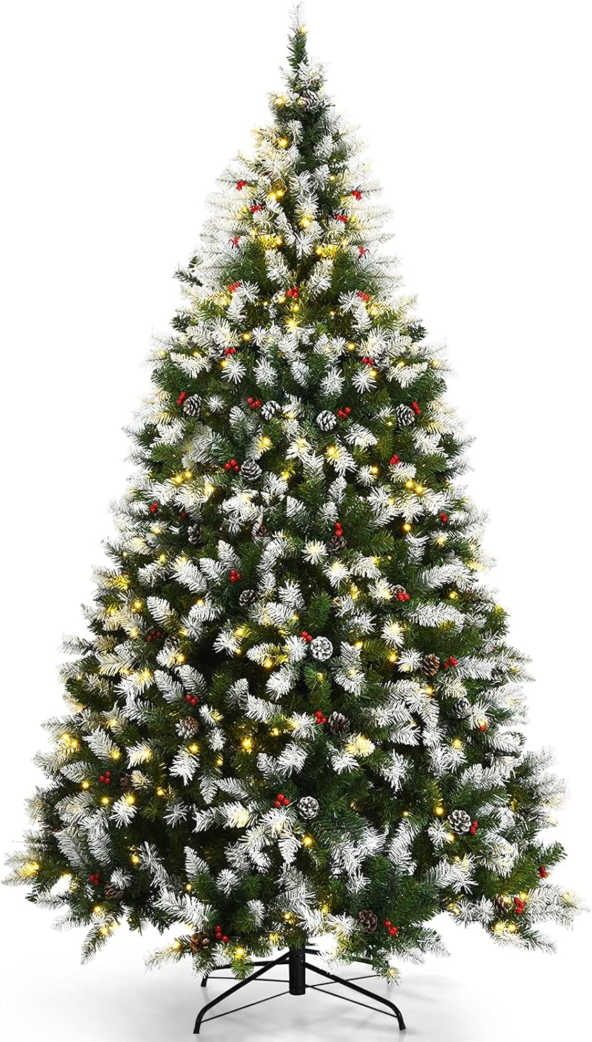 Happygrill 7.5ft Pre-lit Snowy Christmas Tree with LED Lights