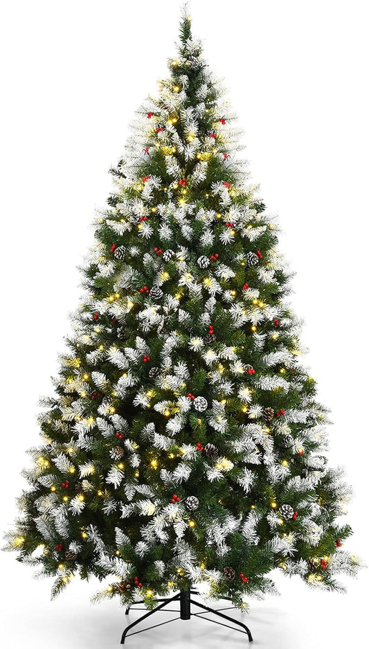 Happygrill 7.5ft Pre-lit Snowy Christmas Tree with LED Lights
