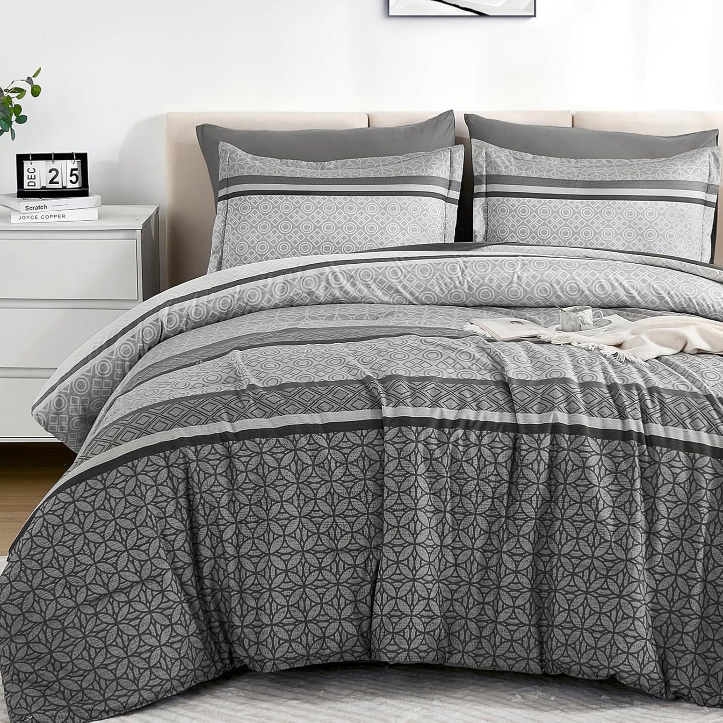 WONGS BEDDING Grey Comforter Set Queen Size for All Seasons