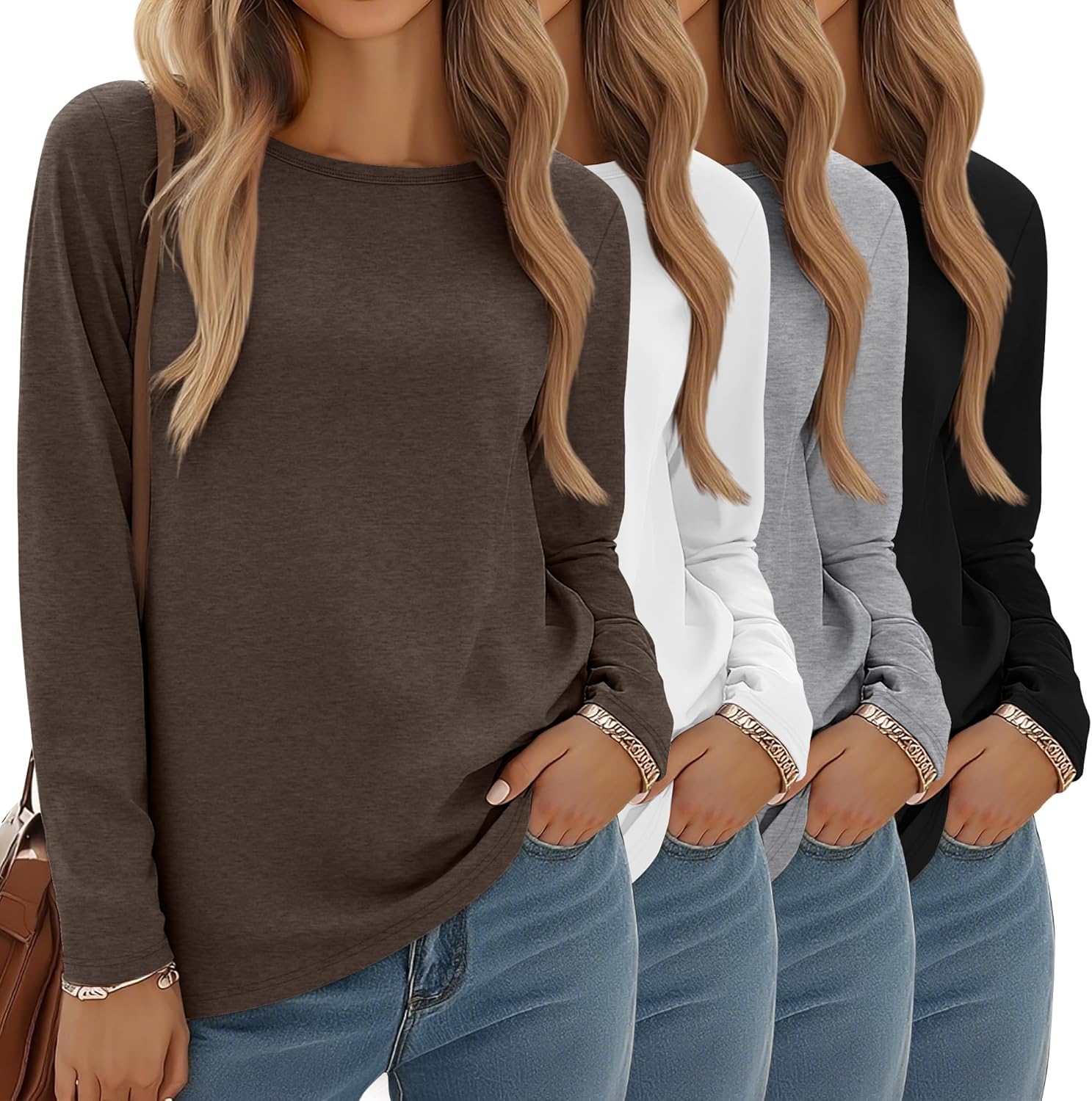 4 Pack Women's Long Sleeve Casual Tops for Fall Layering