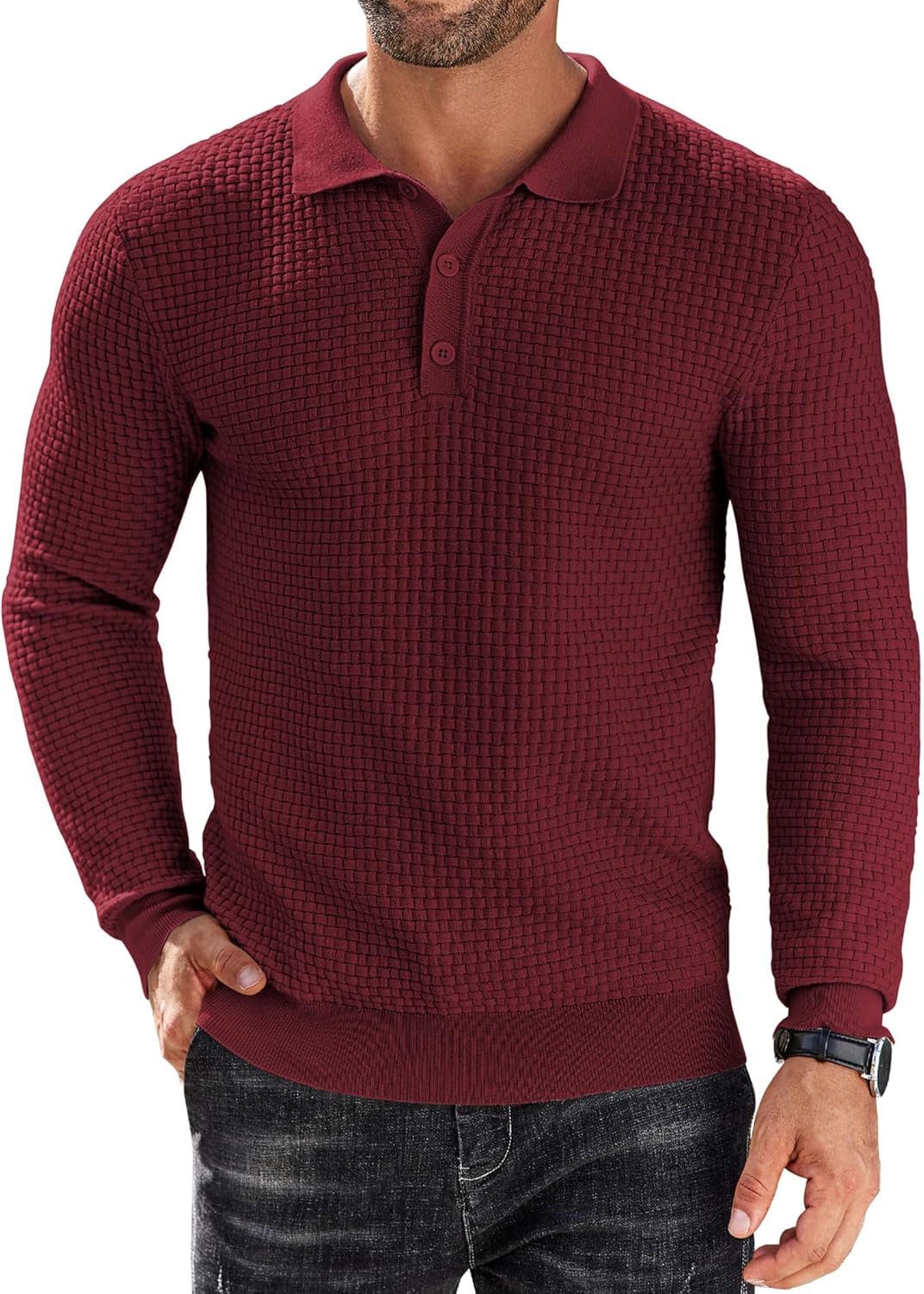 COOFANDY Men's Knit Polo Shirt Long Sleeve Casual Sweater