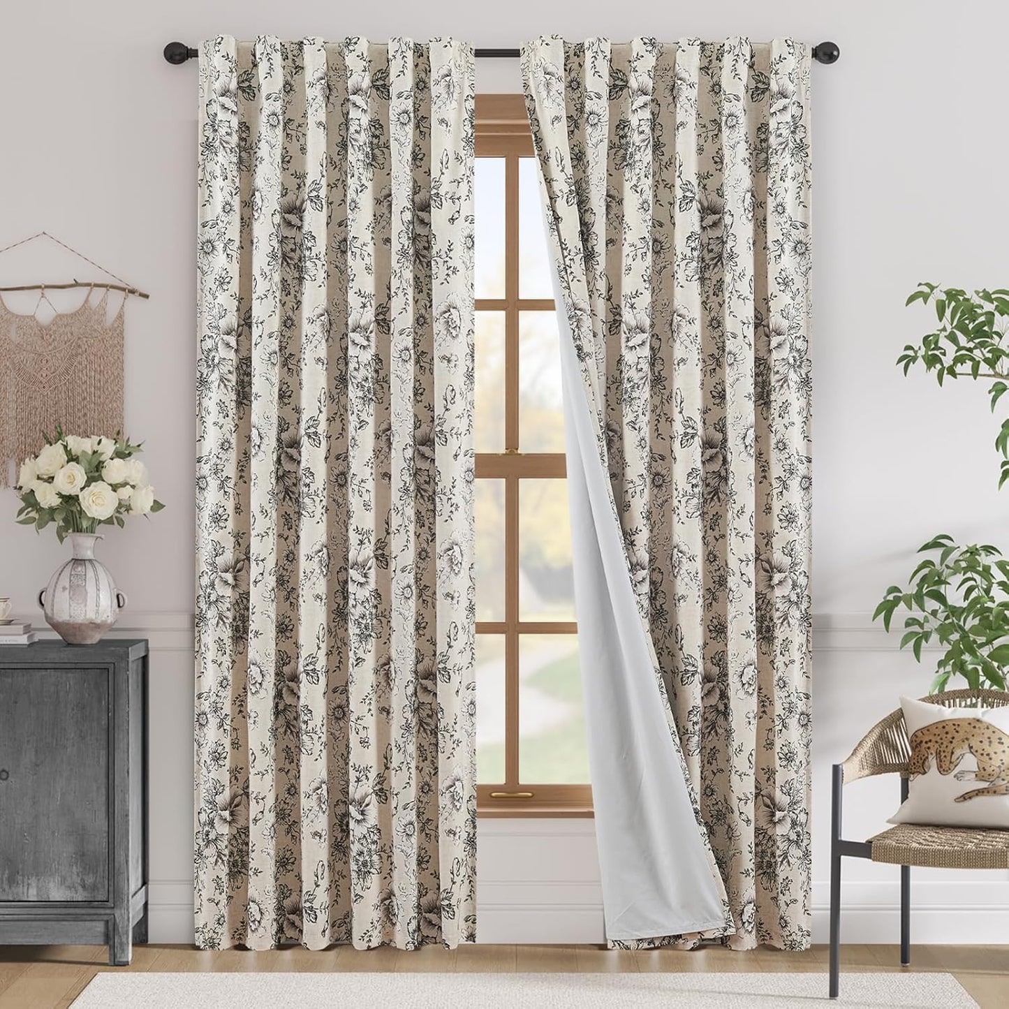 Floral Blackout Linen Blend Curtains for Elegant Home Decor