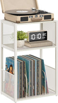 Record Player Stand 3-Tier Side Table - Rustic White Vinyl Storage