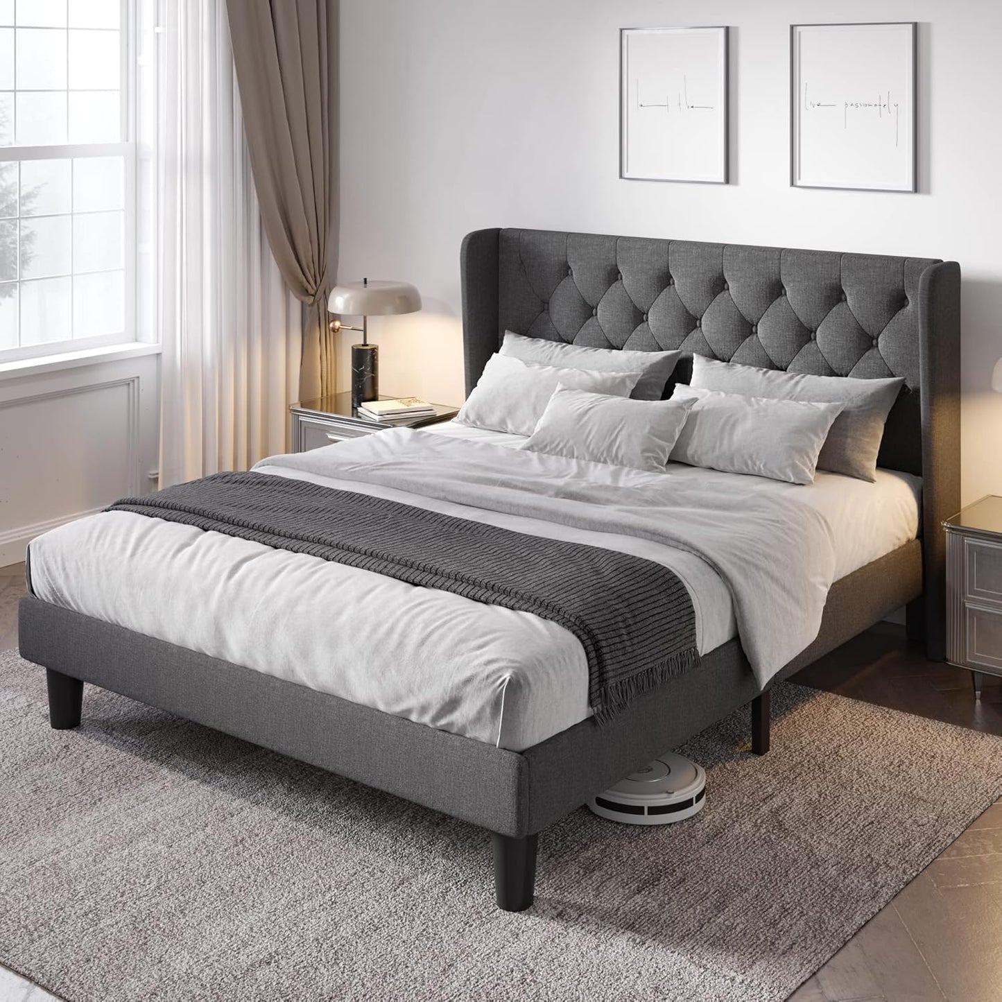 Allewie Queen Size Bed Frame with Wingback Headboard Design