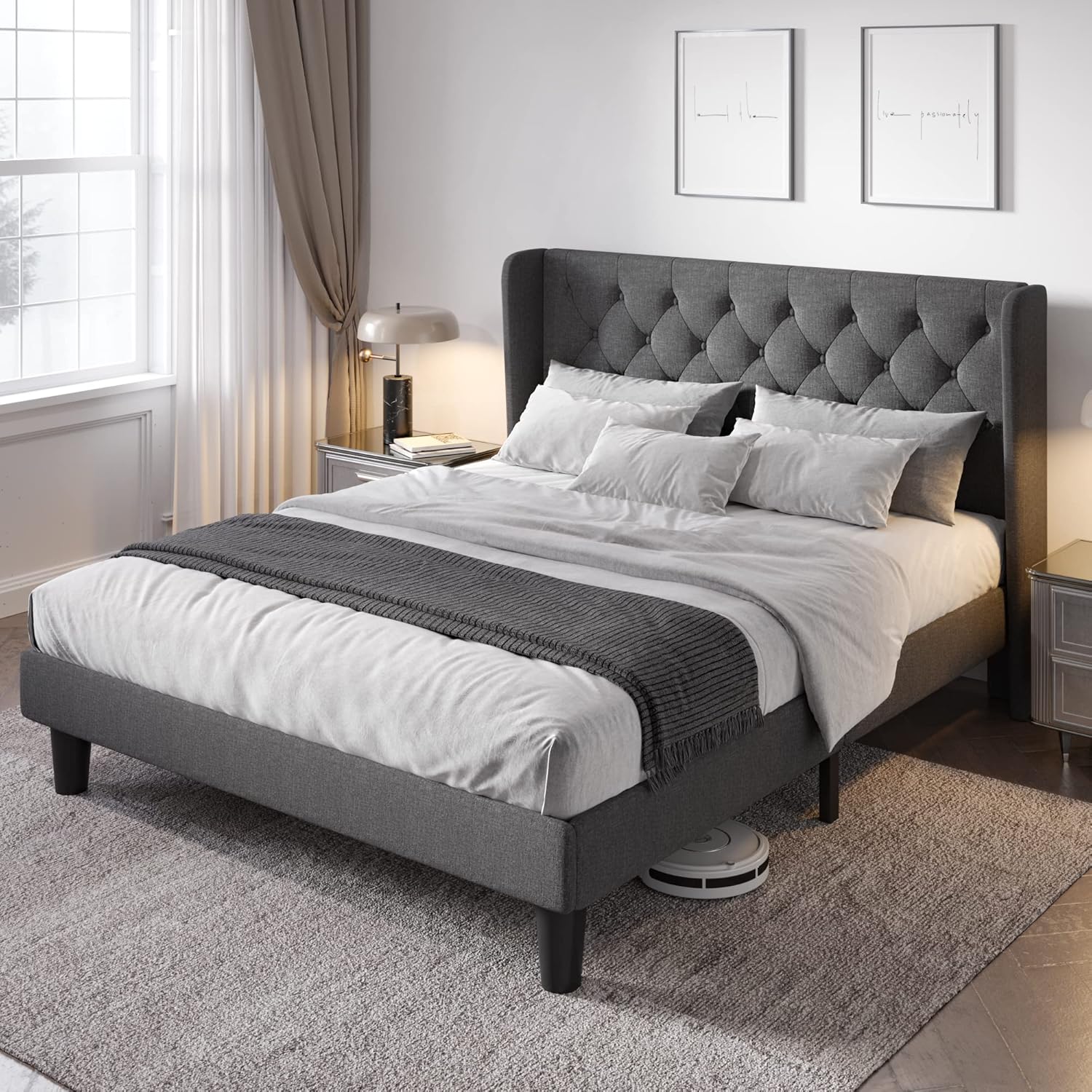 Allewie Queen Size Bed Frame with Wingback Headboard Design