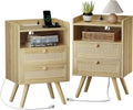 SUPERJARE 2 Drawer Night Stand with Charger Station - Boho Rattan Look