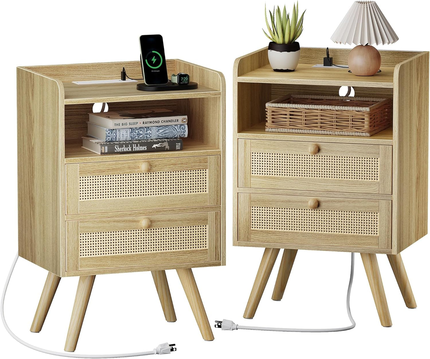 Boho Rattan Nightstand Set with Charger Station for Convenience