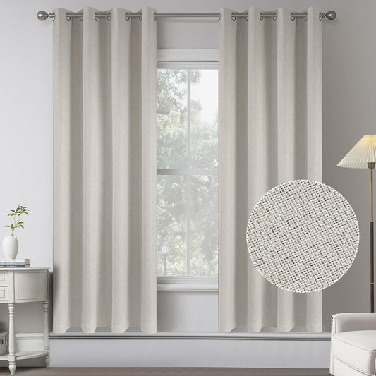 Ivory Beige Burlap Linen Blackout Curtains for Bedroom 63 in