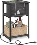 Side Table with Charging Station Misty Gray - Slim 3-Tier End Table