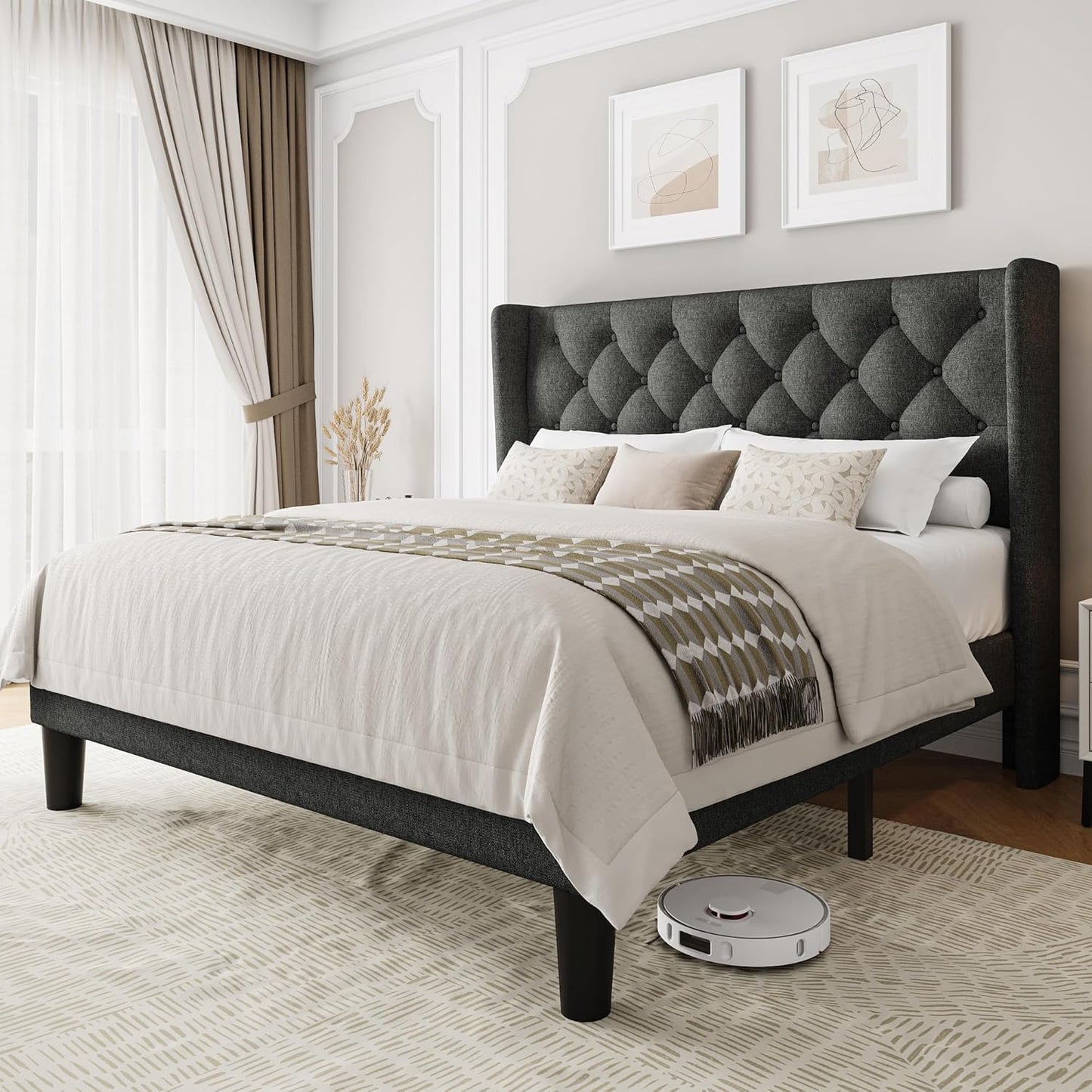 Queen Size Upholstered Bed Frame with Wingback Headboard Design