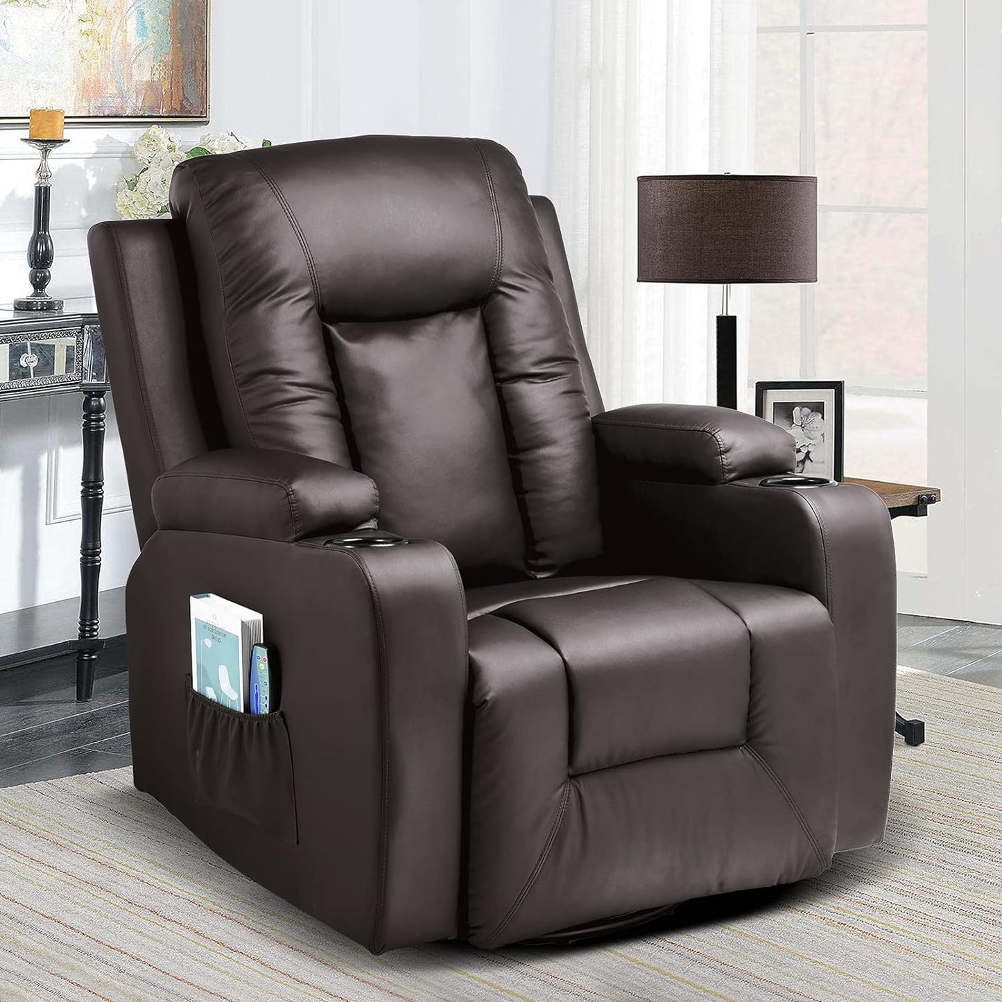 COMHOMA Brown Recliner: Heat, Massage, Swivel