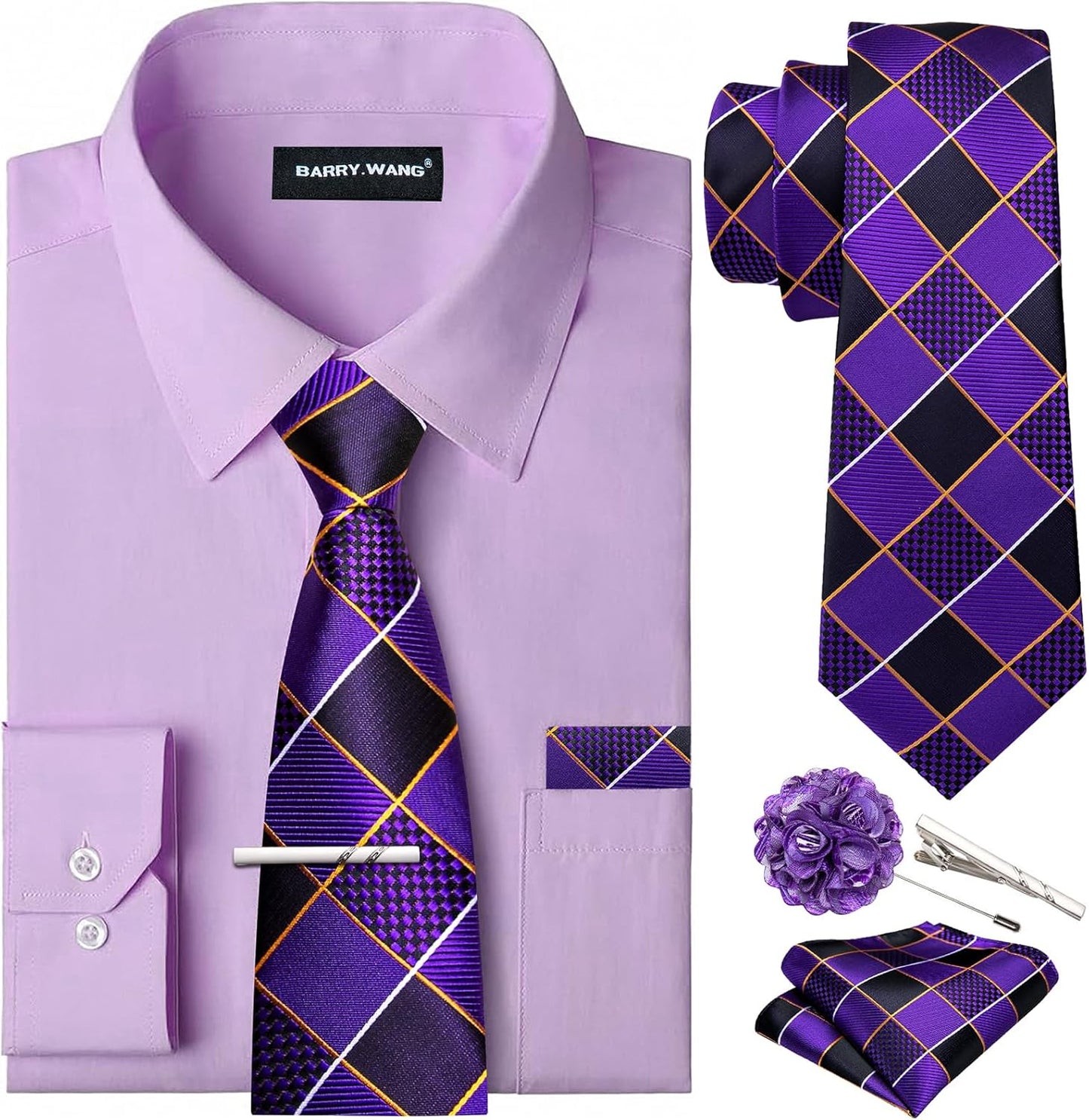 Barry.Wang Solid Colors Mens Dress Shirt and Tie Set for All Occasions
