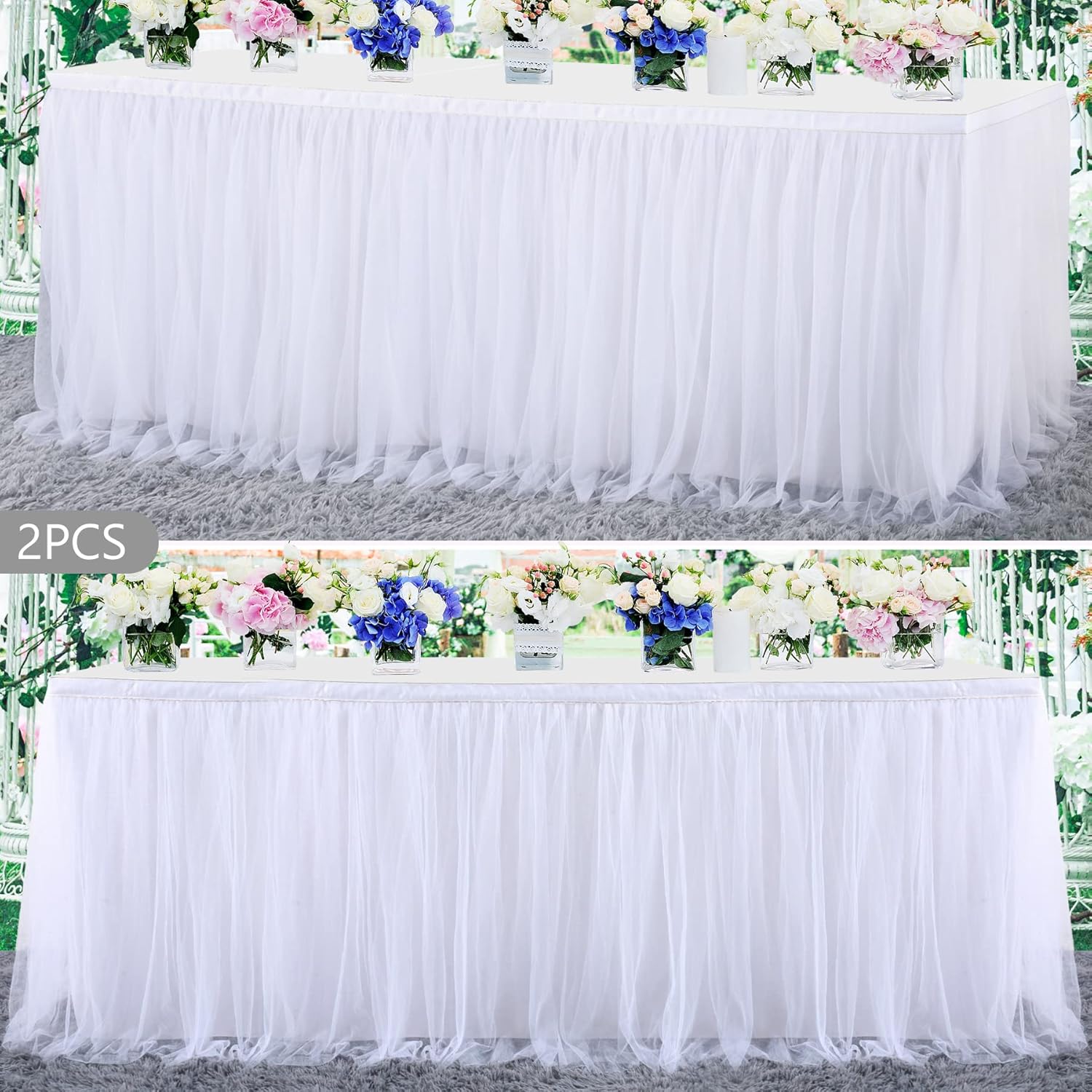 Elegant 2 Pack 6ft White Tulle Table Skirts for Events